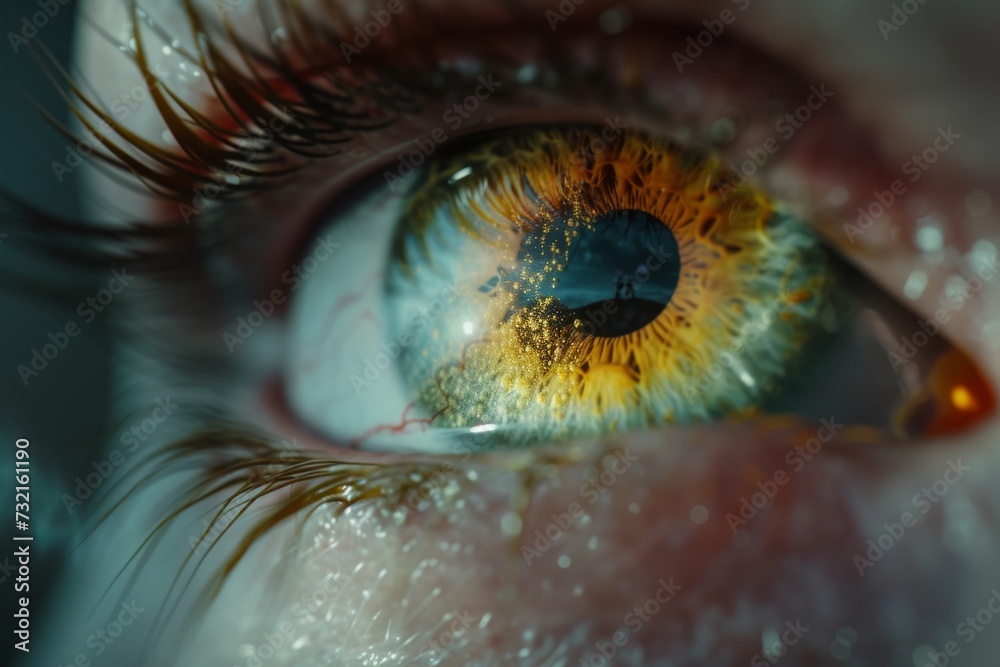 Human Cyborg AI Eye focus. Eye color perception mechanisms optic nerve lens retinal surgery color vision. Visionary iris optic nerve sight blue eyelashes