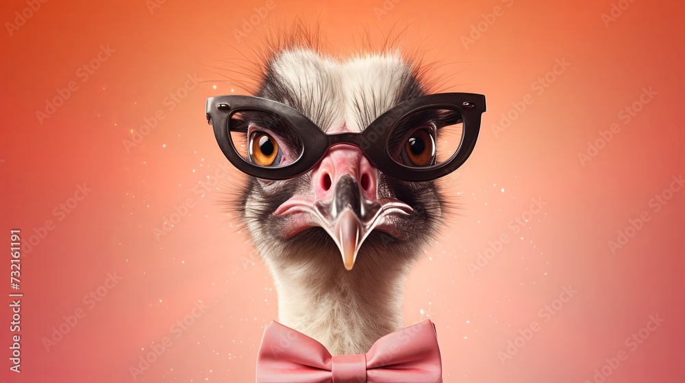 Ostrich bird in sunglass isolated on solid pastel background. Birthday party. greeting card. presentation. advertisement. invitation. copy text space.