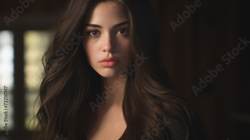 Indoor portrait of a beautiful female model with long brown hair and a flawless complexion. Hair care, skin care and cosmetics.