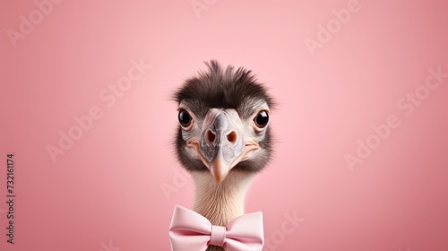 Ostrich bird wearing bow tie isolated on pink pastel background. Birthday party. greeting card. presentation. advertisement. invitation. copy text space. © CassiOpeiaZz