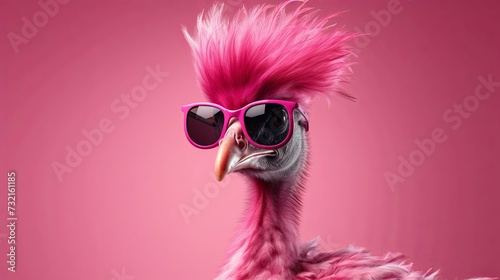 Pink punk rock flamingo bird in sunglass isolated on solid pastel background. Birthday party. greeting card. presentation. advertisement. invitation. copy text space. photo