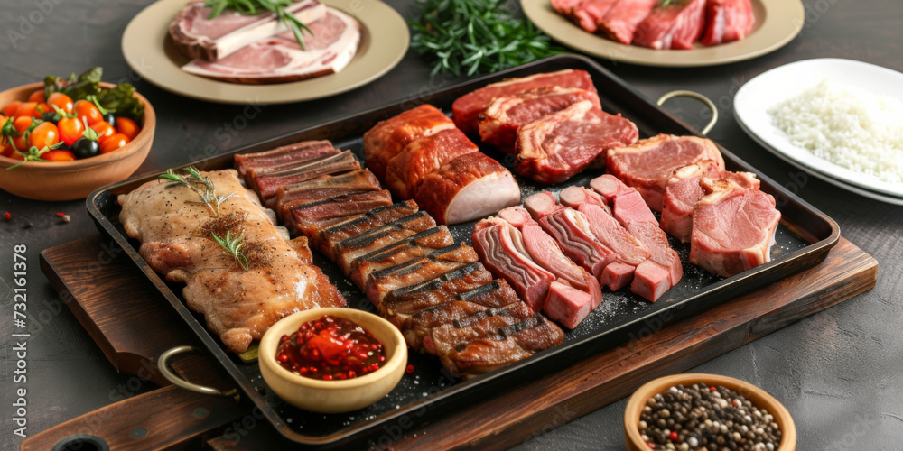 a tray of meat with ingredients on a wooden board with plates, generative AI