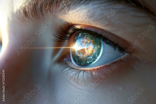 Human Cyborg AI Eye ocular. Eye visualization optic nerve lens iol implantation color vision. Visionary iris superposition eye sight perception eyelashes photo