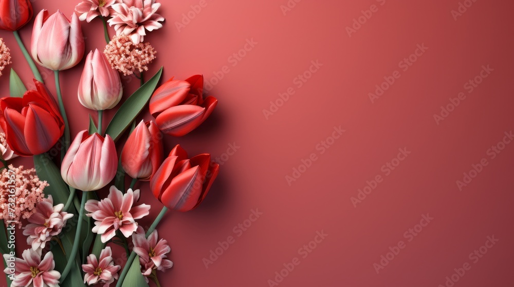 Tulips background. Springtime holiday card design with copy space. Birthday, Mothers day, International Women day