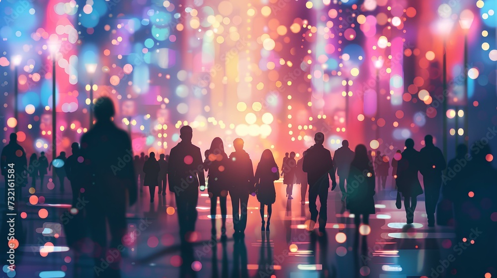 Countless people are walking on the street on their way home from work against the backdrop of bokeh lights shining in the bright city. Concept of busy modern life. generative AI Countless people are walking on the street on their way home from work against the backdrop of bokeh lights shining in the bright city. Concept of busy modern life. generative AI
