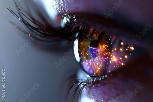 Human Cyborg AI Eye adaptability. Eye vision correction optic nerve lens blue color vision. Visionary iris Alpha agonist eye drop sight dsaek eyelashes photo