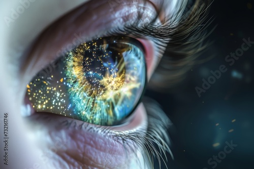 Human Cyborg AI Eye tear film. Eye optic nerve function optic nerve lens neurogenic ptosis color vision. Visionary iris spiral sight close up eyelashes
