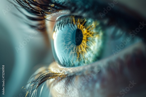 Human Cyborg AI Eye eye surgery. Eye tonic pupil optic nerve lens lasik follow up color vision. Visionary iris iris repair sight illustration eyelashes