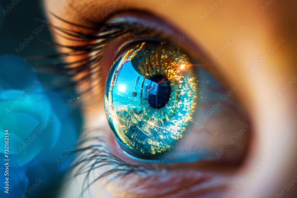 Human Cyborg AI Eye optic nerve axons. Eye motion optic nerve lens ...