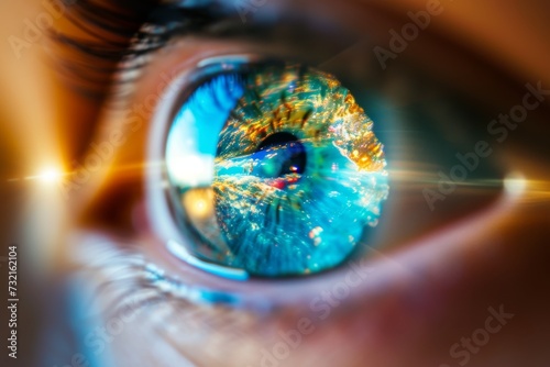 Human Cyborg AI Eye psychedelic. Eye exenteration optic nerve lens inclusivity color vision. Visionary iris iris biometrics sight eye anatomy eyelashes photo