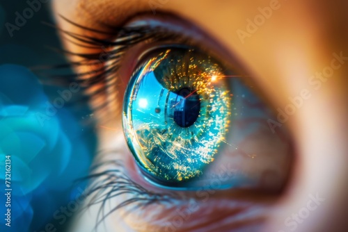 Human Cyborg AI Eye optic nerve axons. Eye motion optic nerve lens ishihara color test color vision. Visionary iris mydriasis sight pterygium eyelashes photo