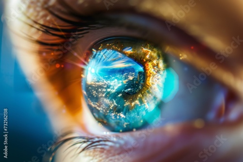 Human Cyborg AI Eye motion. Eye stereopsis optic nerve lens retina color vision. Visionary iris eye inflammation treatment sight pupil reflex eyelashes