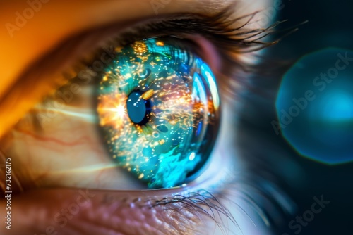 Human Cyborg AI Eye ocular surface. Eye eyeball anatomy optic nerve lens design color vision. Visionary iris eye drop sight visionary impact eyelashes