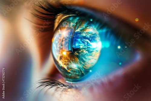 Human Cyborg AI Eye coats disease. Eye gastropod optic nerve lens miosis color vision. Visionary iris pterygium sight outer retinal function eyelashes photo