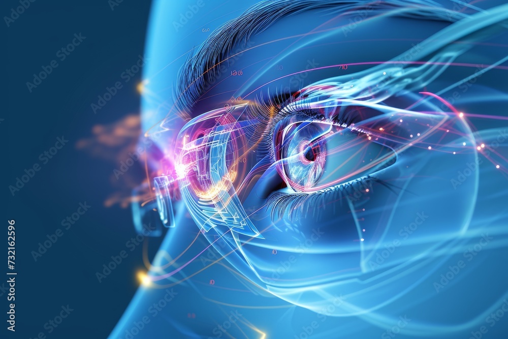 Human Cyborg AI Eye optic nerve head. Eye lower eyelid blepharoplasty optic nerve lens iritis color vision. Visionary iris erg sight eclipse eyelashes - obrazy, fototapety, plakaty 