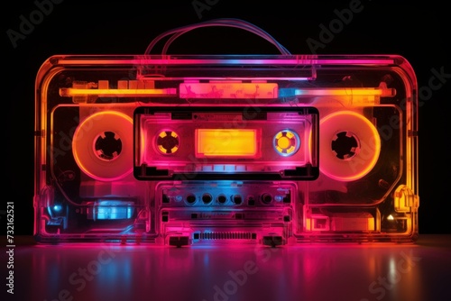 Bright Music cassette neon. Music radio. Generate Ai