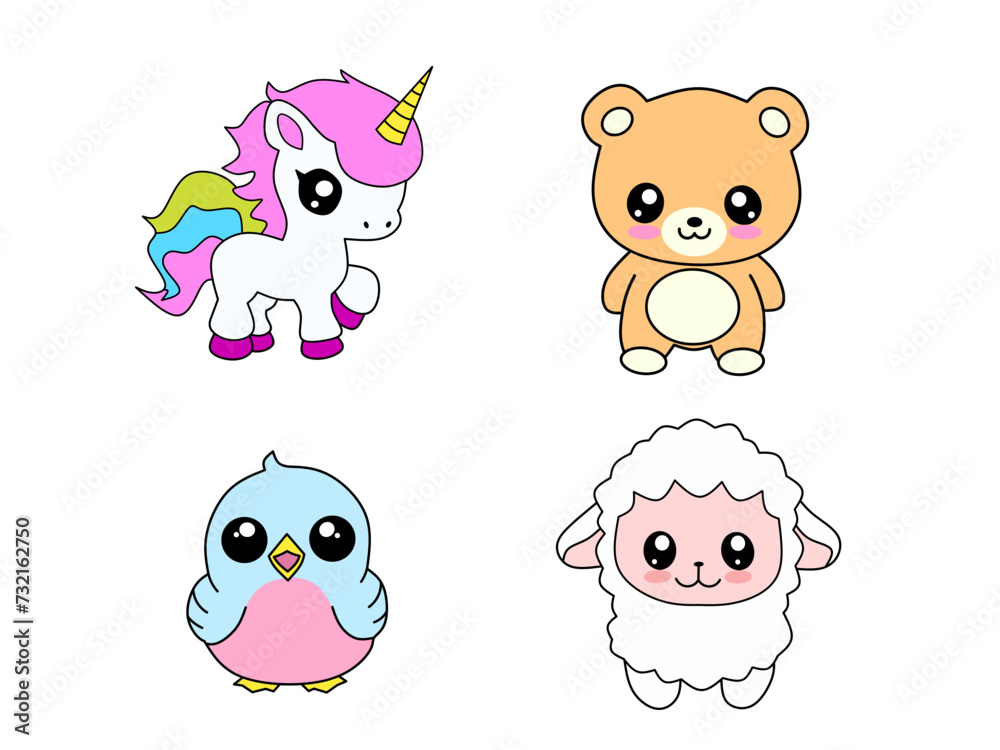 Set of cute animals cartoon character on kawaii vector. bear, unicorn, bird, sheep illustration