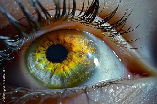 Human Cyborg AI Eye ptosis surgery. Eye insight optic nerve lens optic nerve compression color vision. Visionary iris tear film sight globe eyelashes