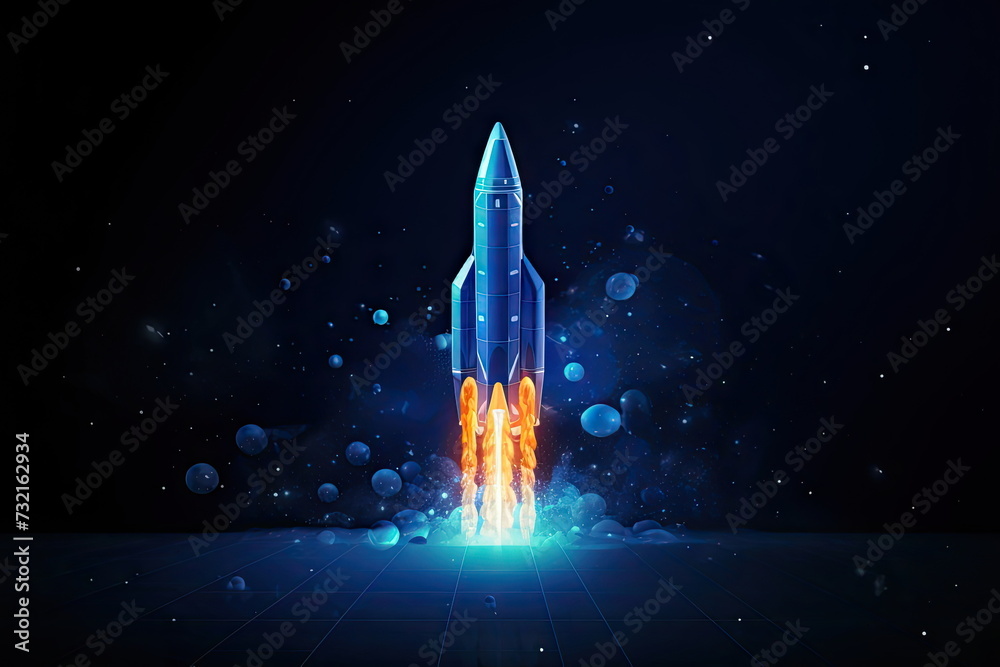Rocket flying up into out space, galaxy background