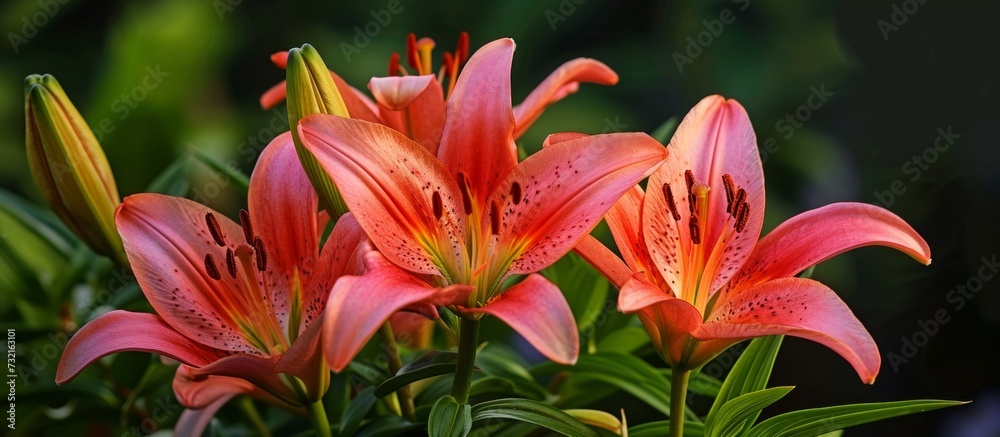 Naklejka premium Close-up of pink flowers with green leaves in a natural landscape.