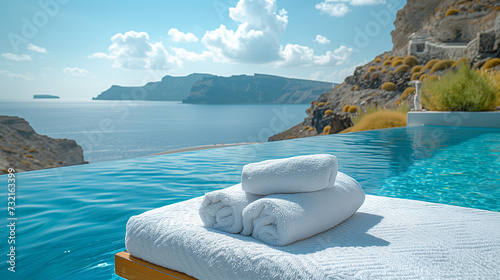beach bed chair with towels looking out over the caldera by the swimming pool, Santorini Oia Greece © Fokke Baarssen