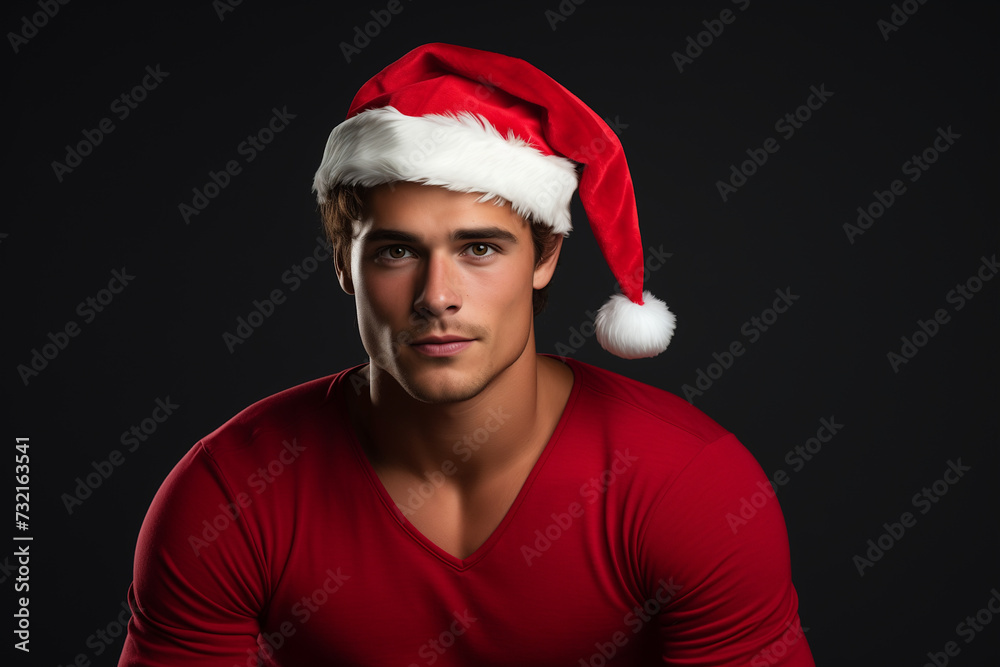 Portrait of handsome man in red Santa hat Portrait of handsome man in red Santa hat