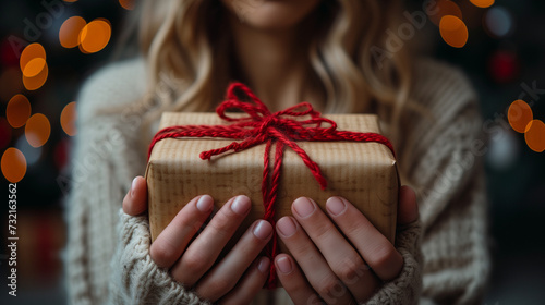 woman holding gift box,woman holding gift box during Valentine, close up of women hands with a present for Valentine