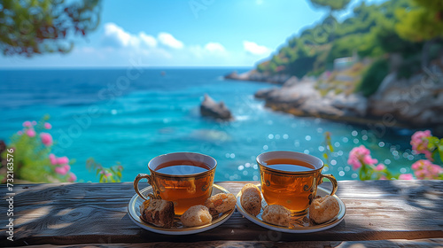 Turkish coffee with ocean view, Turkish breakfast with an ocean view, Turkish breakfast with a view over the ocean of Fethiye Turkey Mediterranean sea photo