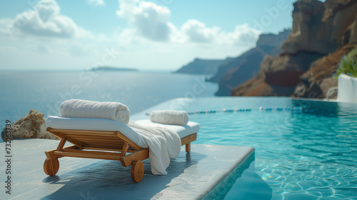beach bed chair with towel looking out over the caldera by the swimming pool, Santorini Oia Greece photo