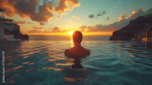 man relaxing in the infinity swimming pool looking at the ocean, a young man in the swimming pool relaxing looking out over the ocean caldera of Oia Santorini Greece at sunset © Fokke Baarssen