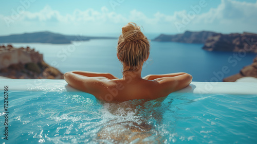 young woman in an infinity pool in Greece on vacation at Santorini, a woman at the swimming pool looking out over the Caldera ocean of Santorini