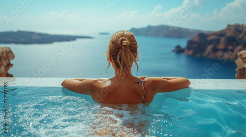 Young woman on vacation at Santorini, woman at the swimming pool looking out over the Caldera ocean of Santorini, 