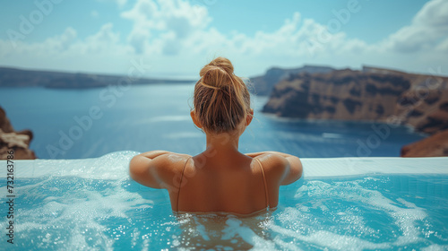 Young woman on vacation at Santorini  women at the swimming pool looking out over the Caldera ocean of Santorini  Girl at the infinity pool Oia Santorini Greece on a sunny day