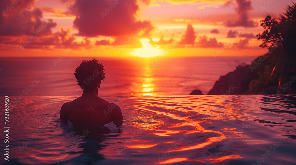 silhouette of a man at sunset in the pool, man relaxing in the infinity swimming pool looking at the ocean, a young man in the swimming pool relaxing looking out over the ocean caldera of Oia Santorin