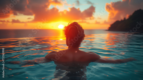 Luxury swimming pool in a tropical resort, relaxing holidays in Seychelles islands. Young man during sunset by swim pool, men watching the sunset in an infinity pool
