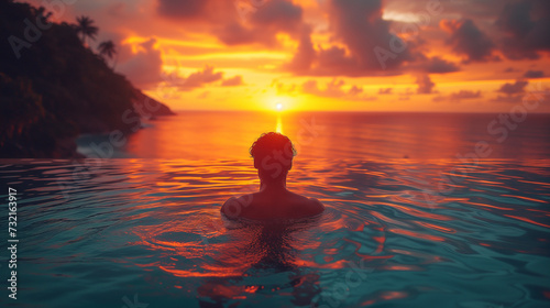 Luxury swimming pool in a tropical resort, relaxing holidays in Seychelles islands. La Digue, Young man during sunset by swim pool, men watching the sunset  photo