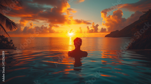 Luxury swimming pool in a tropical resort, Young man during sunset by swim pool, men watching the sunset in an infinity pool © Fokke Baarssen