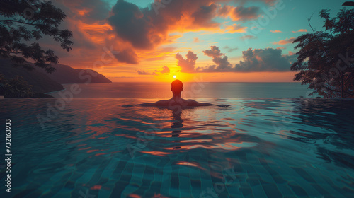 Luxury swimming pool in a tropical resort, relaxing holidays in Seychelles islands. men watching sunset over the ocean from the pool