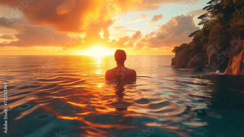 Young man during sunset by swim pool, men watching the sunset in an infinity pool © Fokke Baarssen