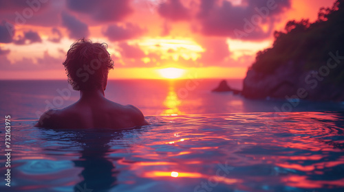 Luxury swimming pool in a tropical resort, relaxing holidays in Seychelles islands. La Digue, Young man during sunset by swim pool