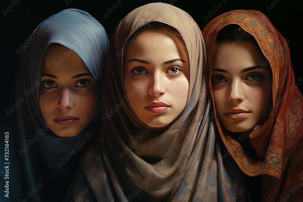 Devout Muslim women group. Girl happy. Generate Ai Devout Muslim women group. Girl happy. Generate Ai