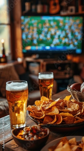 Photography, table with snacks, football match and beers, television with Superbowl in the background