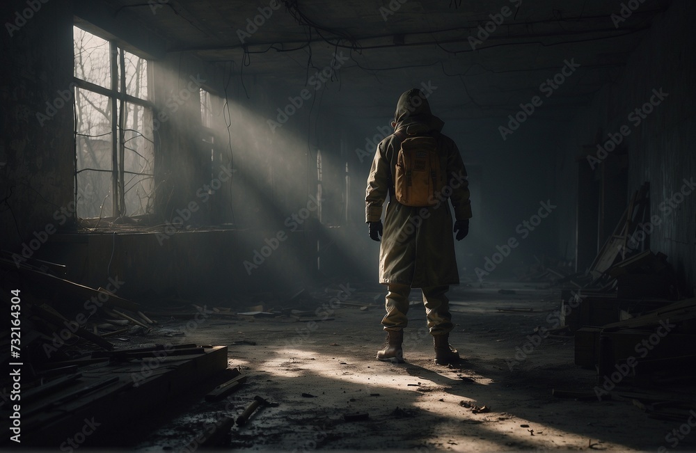 
person standing next to a window wearing a radioactive suit