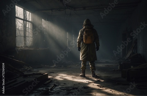 
person standing next to a window wearing a radioactive suit