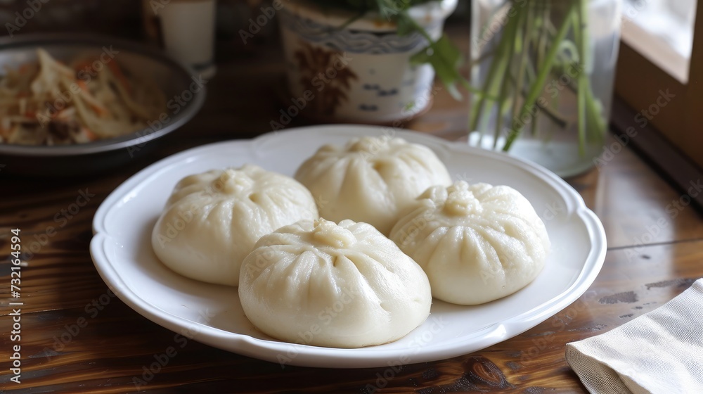 Steamed stuff bun on a white plate.