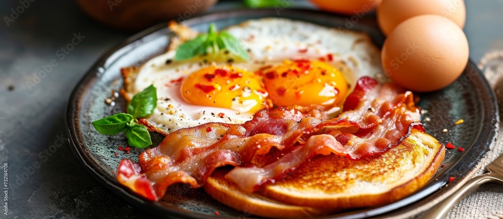 A delicious dish containing eggs, bacon, and toast, served on a table with other delectable food items. A delicious dish containing eggs, bacon, and toast, served on a table with other delectable food items.