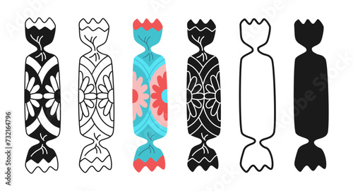 Wrapped candy with doodle ornament. Cartoon symbol bonbon, stamp lollipop, contour or line doodle sweets snack design set. Tasty sugar dessert childish food, wrapped caramel candy vector illustration