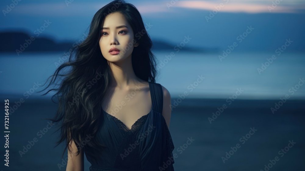 beautiful asian woman with black long hair and a black dress beautiful asian woman with black long hair and a black dress