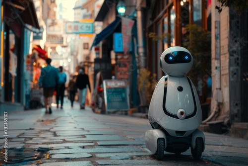 A robot on wheels on the streets of a city.