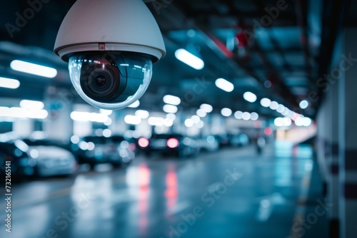 Surveillance camera monitors an underground parking garage.